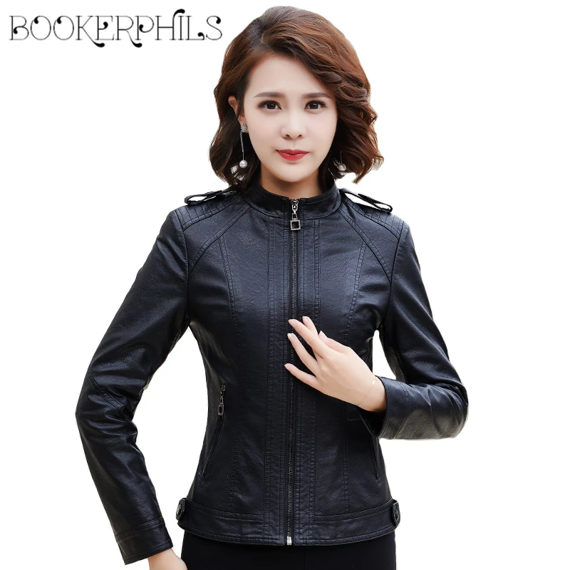 

2019 New Fashion Spring Autumn Women Soft Faux Leather Jackets Slim Motorcycle Zippers Biker Coats Black Outerwear Plus Size 4XL