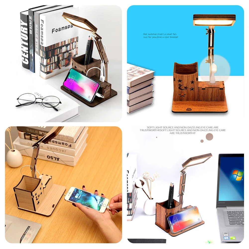 Rechargeable Wooden LED Desk Lamp with Brush Pot& Phone Holder Base Vintage Deco Dimmer Study Table Lamps for the Bedroom