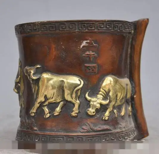 

S01076 5" marked Chinese Fengshui Bronze gilt 5 ox bull Statue Brush Pot Pencil Vase B0403