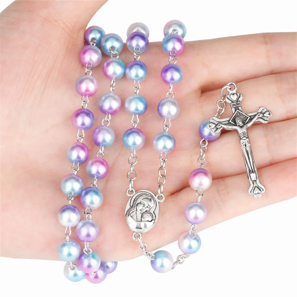 

New!12 Colors 8mm Gradient Imitation Pearl Bead Holy Rosaries Necklace with Crucifix Cross Rosary Necklaces