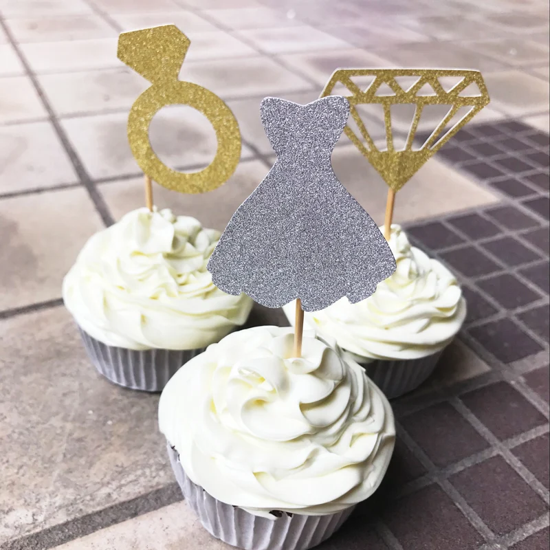 Bridal shower Cupcake Toppers, diamond ring topper, wedding dress