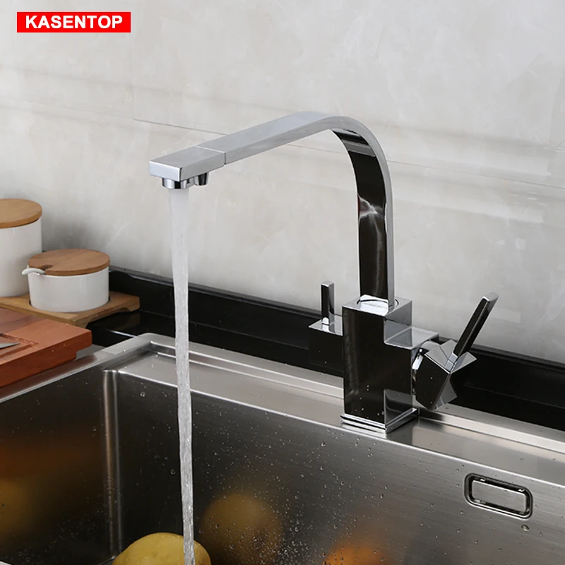 

basins sink copper cold hot square kitchen faucet double function with pure water rotating tap
