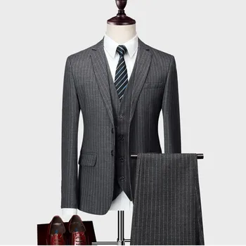 

Blazers Pants Vest Sets / 2019 Spring Autumn New Fashion Suits / Men's Casual Business Stripe 3 Piece Suit Jacket Coat Trousers
