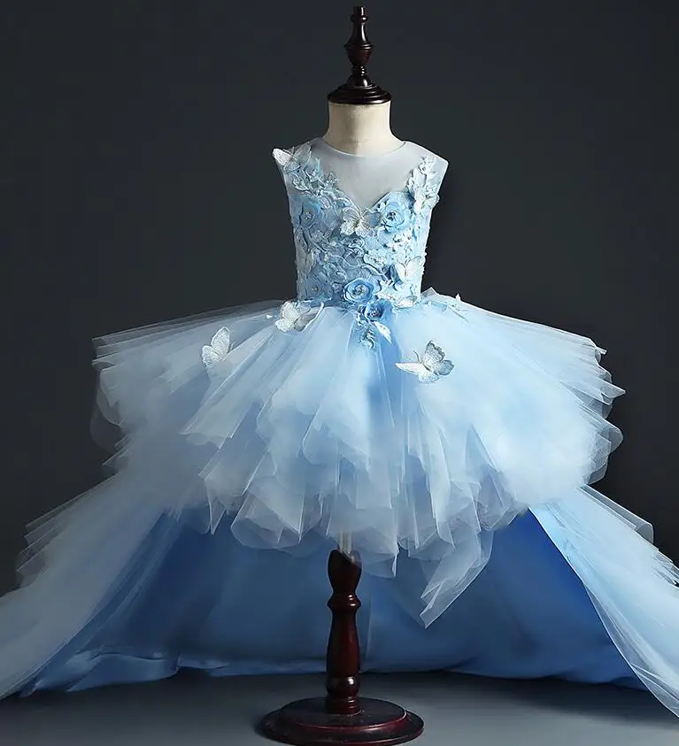 

Glizt Long Trailing Tulle Girls Pageant Dress Flower Girl Dress for Wedding Floral Girls Party Princess First Communion Gowns