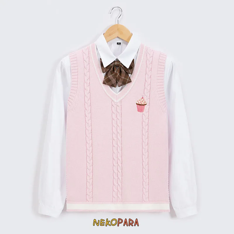 

Japanese Women's Cute Knitted Vest Japanese School Girls Uniform JK Sweet Sleeveless Sweater White Pink Ice Cream