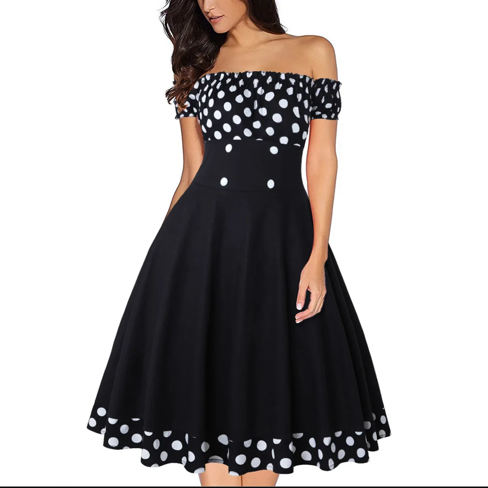 

Women Summer Off Shoulder Dress Polka Dot Print Button A Line Pin Up Vintage Rockabilly Skater Party Dresses Sexy Robe Vestidos