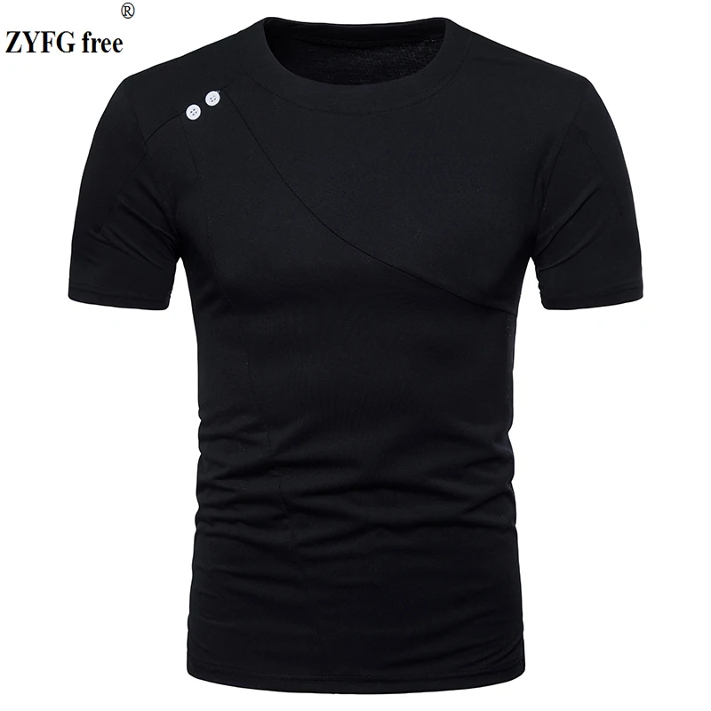 

Tops New 2018 men's fashion short sleeved T-shirt summer Button decoration solid Color slim O-neck t-shirt dress men EU/US size