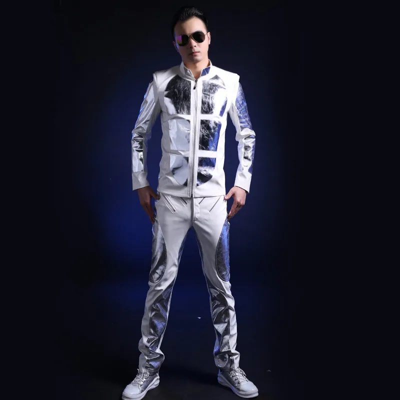 New Bar Performance Costume Men Nightclub Nights DS White Patent Leather Stage Costume Men01