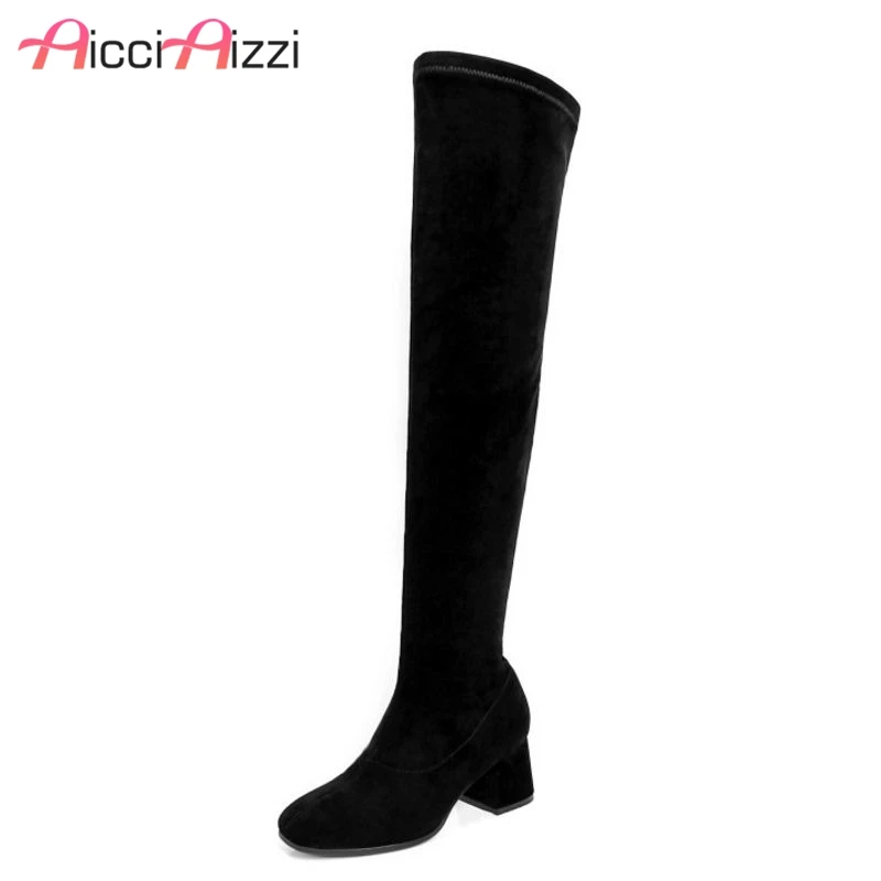 

AicciAizzi Women High Heel Boots Round Toe Genuine Leather Thick Heel Over Knee Boots Winter Boots Woman Footwear Size 34-39