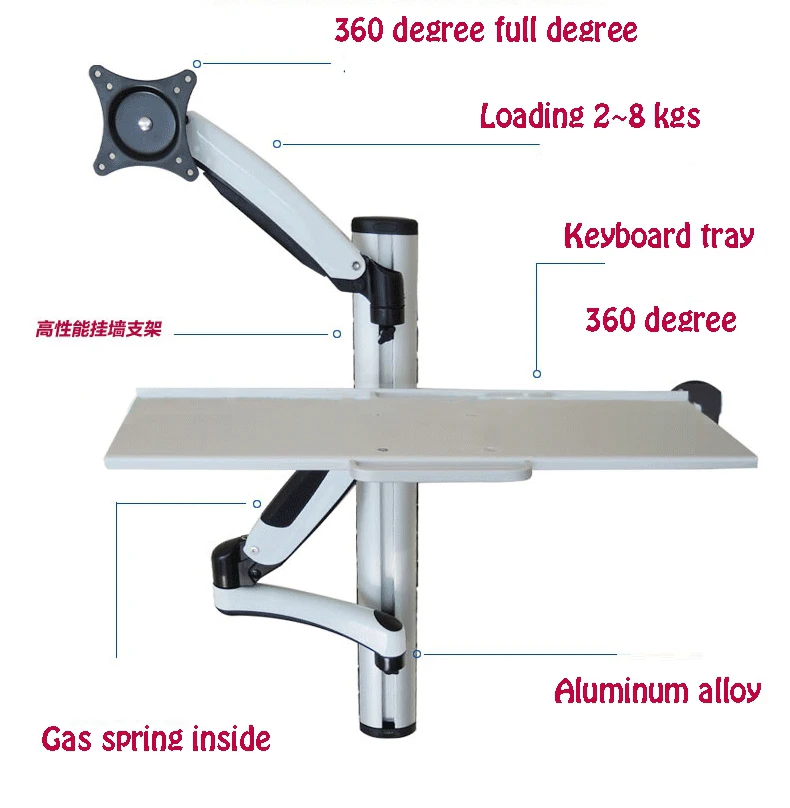 WS02 настенное крепление складной Эргономичный газовый пружинный сидячий стенд монитор+ клавиатура Держатель полный рычаг движения 1"-27" монитор Стенд кронштейн