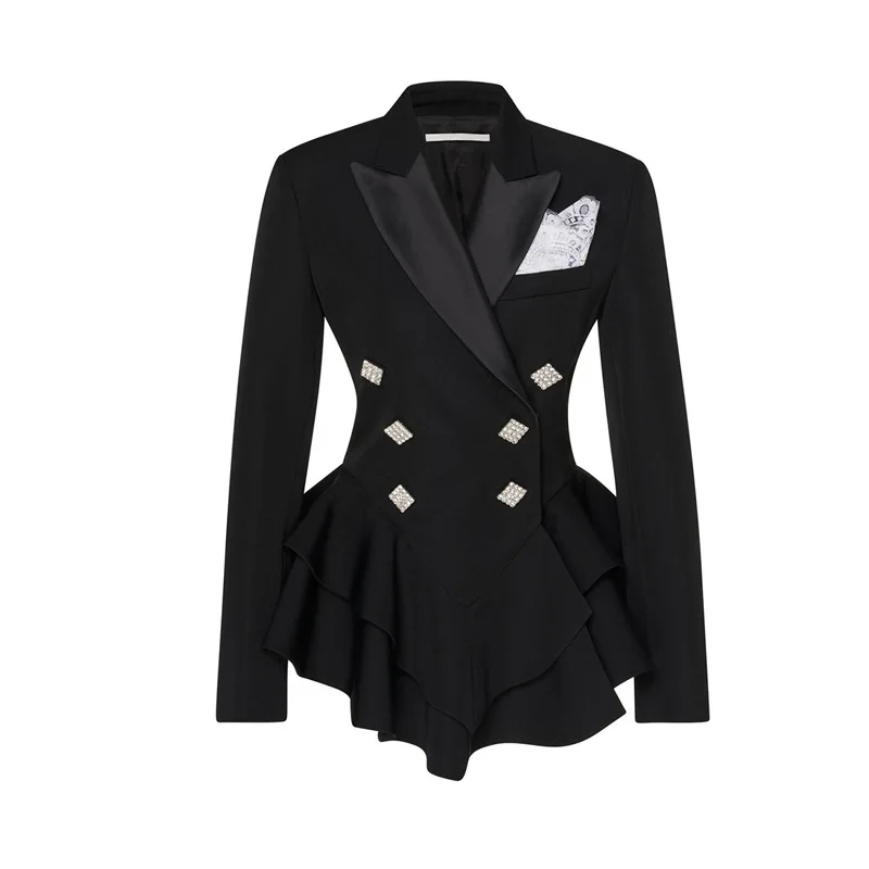 Star of The Same 2019 Spring New Black Waist Show Thin Lotus Leaf Hem Small Suit Inverness Jacket Women Blazers and Jackets