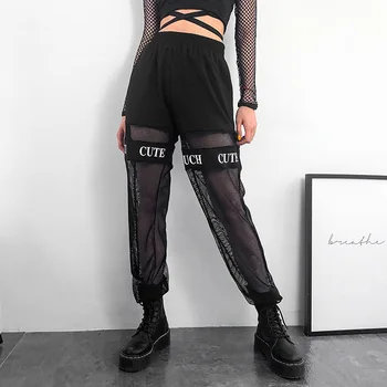 

YYXZ Fashion Cute Loose Patchwork Mesh Print Letters Elastic Waist SML Zipper Woman Casual Pants Lady Trousers Streetwear Black