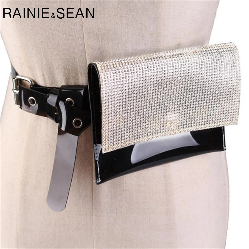 

RAINIE SEAN Bag Belt Fanny Pack Belts For Women Rhinestone Transparent PVC Black Ladies Phone Bag For Belt Female