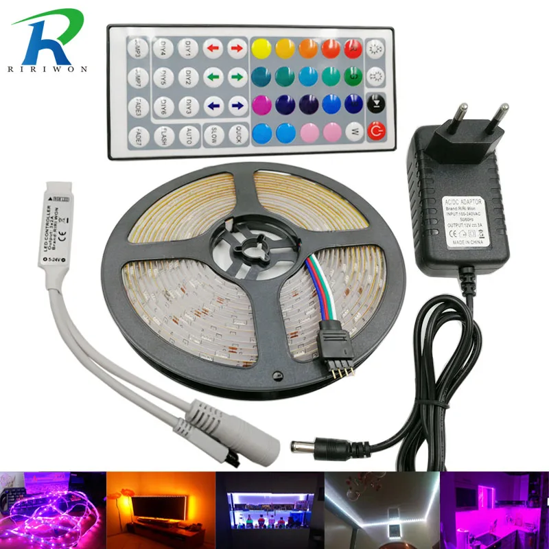 Kopen SMD RGB LED Nachtlampje 5050 10 M 5 M LED Zaklamp rgb Leds tape lamp led lint Flexibele mini IR Controller dc 12 V Adapter set
