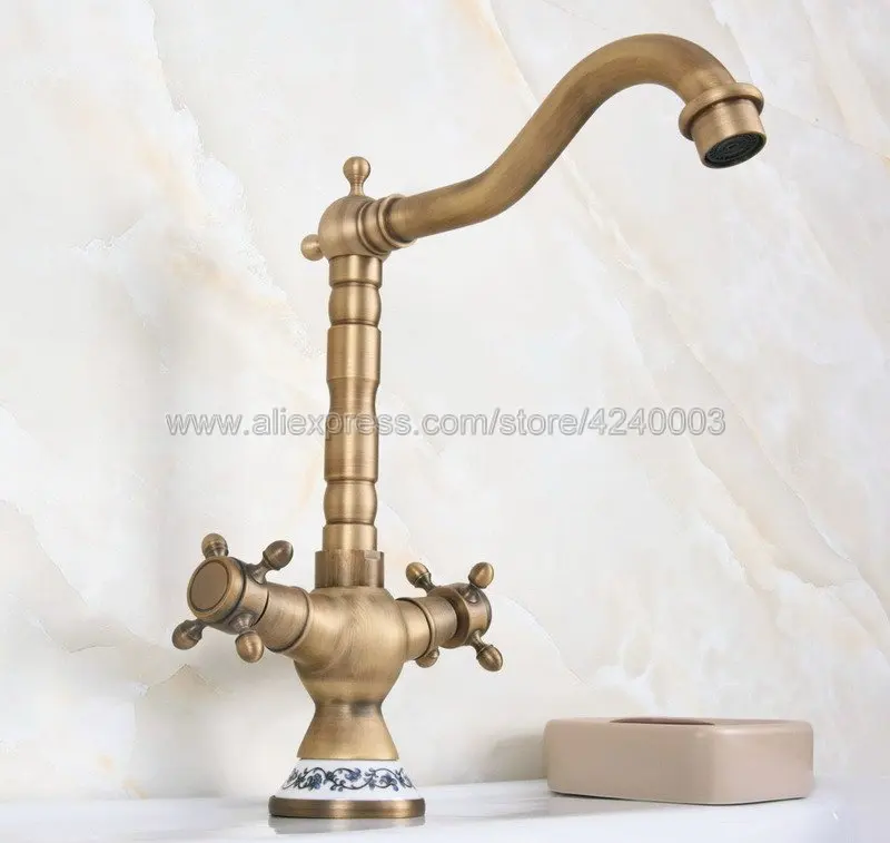 Basin Faucets Antique Bronze Brass Bathroom Sink Faucet 360 Degree Swivel Dual Handle Kitchen Wash basin Mixer Taps Knf602
