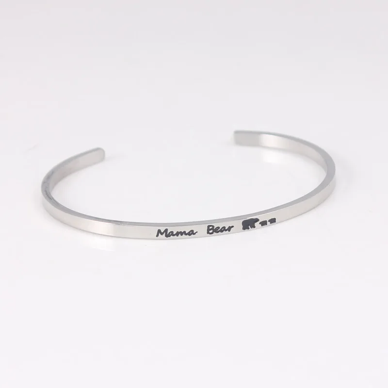 

"MAMA BEAR"Stainless Steel Bar Engraved Positive Inspirational Quote Cuff Mantra Bracelet Bangle For Men Best Gifts