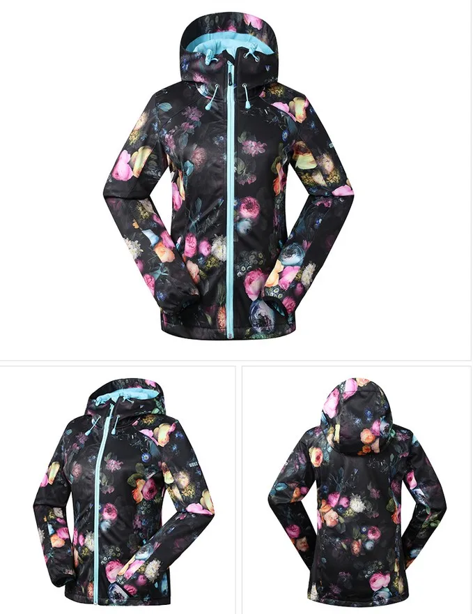 2017 women's black with flower printing fleece ski jacket climbing wear