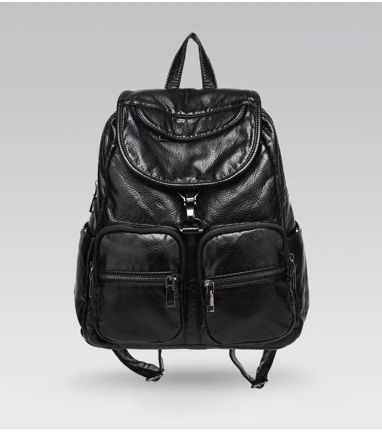 Mochila de Couro Feminina à Prova Lavado Macio D'água Vintage Multifuncional 7 Mochila de couro lavado macio, feminina, à