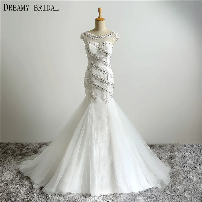 Actual Wedding Dresses Mermaid Boat Neck Short Cap Sleeves Plunging Lace Up Back Wedding Dresses Crystals Beaded Sequined Gowns