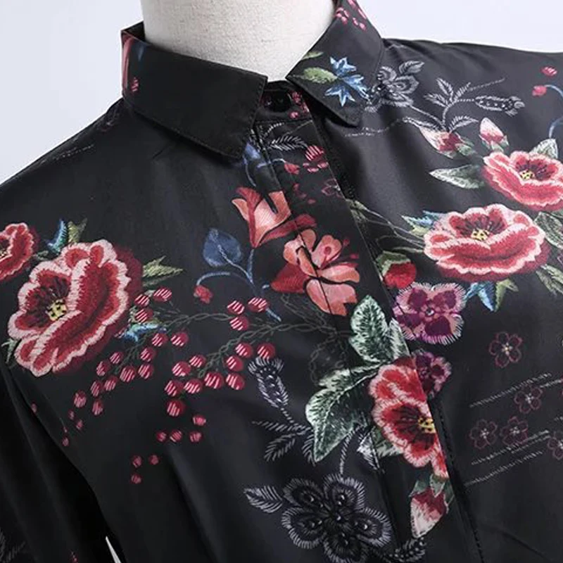2017 Женщины Весна Dress Леди Полный Рукавом отложным Воротником Цветочным Принтом