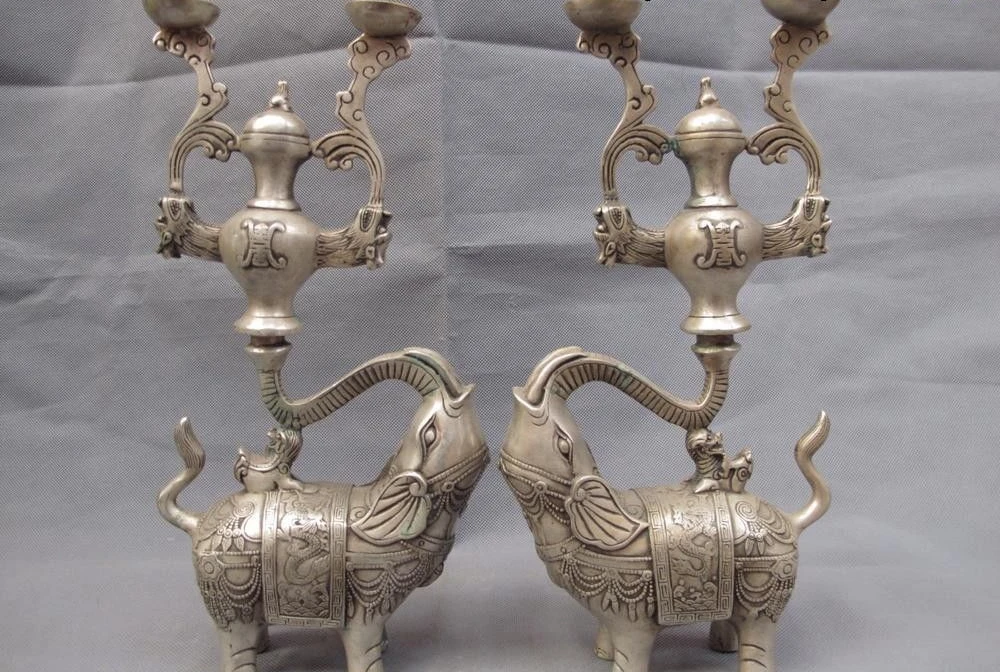 

Chinese Royal White Copper Silver Dragon Elephant Foo Dog Lion Candlestick Pair