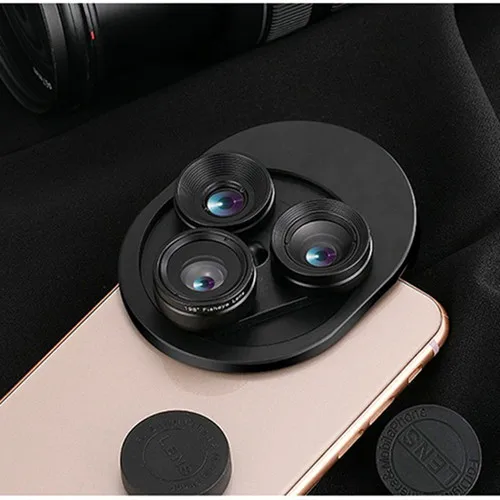 Orsda 3 в 1 Рыбий глаз широкоугольный Макро линзы для смартфонов наборы универсальный поворотный HD объектив камеры мобильного телефона для iPhone samsung - Цвет: Black