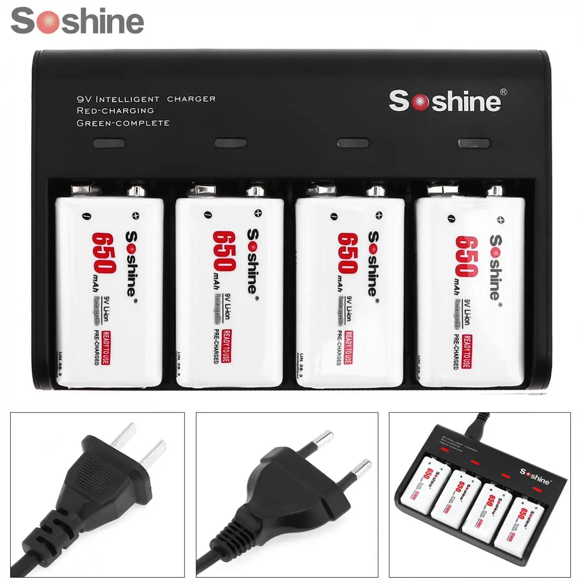 Prix Soshine 4 Slots 9 V Batterie chargeur intelligent avec indicateur led + 4 pièces 9 V 6F22 650 mAh Li ion batterie rechargeable
