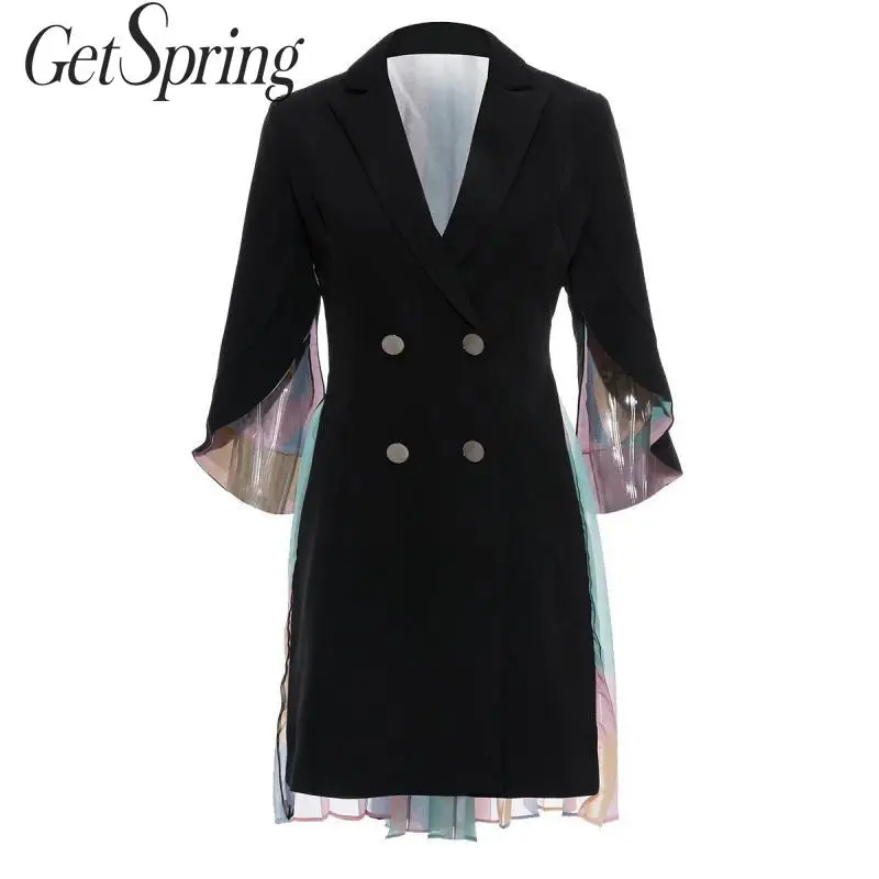 

GetSpring Women Blazer Chiffon Spliced Double Breasted Blazer Half Sleeve Long Coat All Match Womens Blazer Coat Long Jacket New