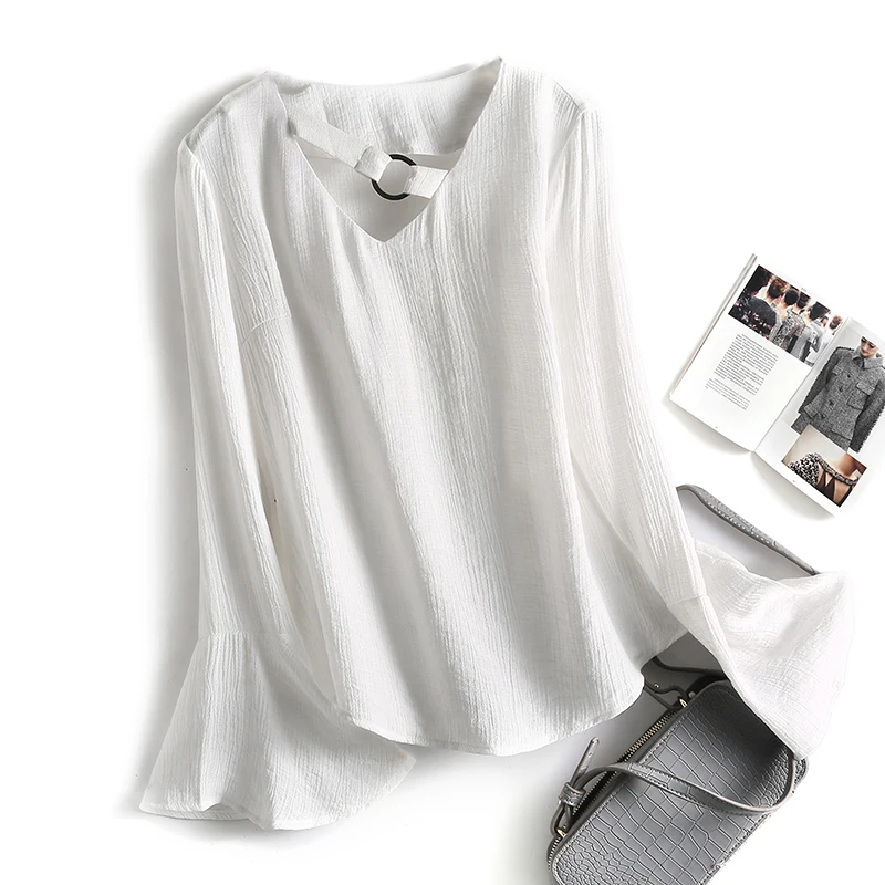 

Women's 2019 Spring New V-neck Pullover T-shirt Flare Sleeve Ladies T-shirt S-XL BLck Red White Shirt Fashion