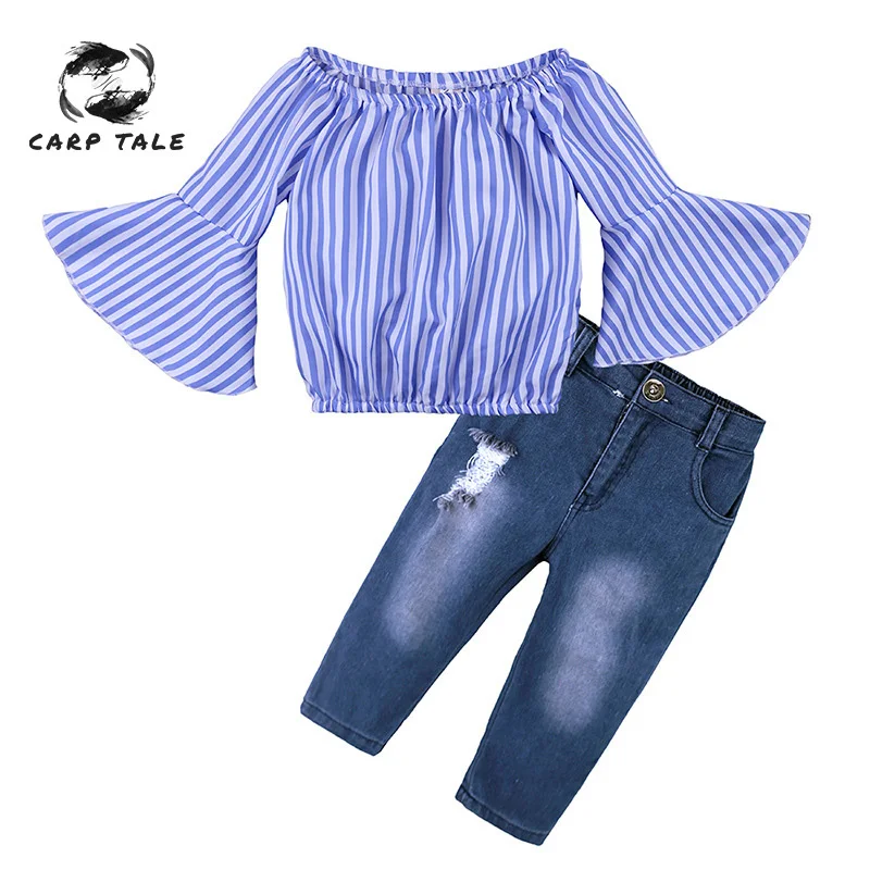 

2019 explosion models European and American girls word shoulder striped shirt + jeans suit girls suit summer children's suit