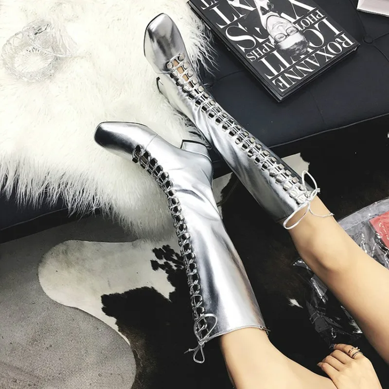 Rodilla Suave Gruesos Cuero Nueva As Tacones Zapatos Pic Hasta Botas Metálica as Catwork Mujer Pic Las Encaje Mujeres Tachonado Plata WaZOnIZ