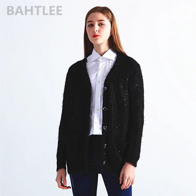 BAHTLEE Mohair Cardigan Women Blended Knitted Solid Long Sleeves wool Coat Casual Lazy Style sequins pocket black color