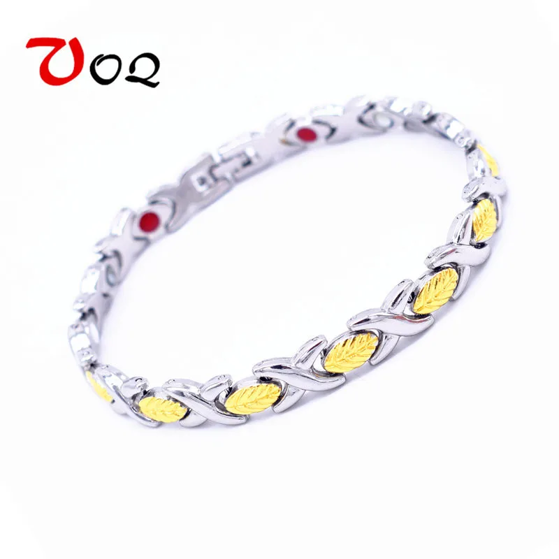 

2019 New Design Magnetic Bracelet Health Men Jewelry Length 21cm Gold-plated leaves Stainless Steel Link Chain Bracelet Gift