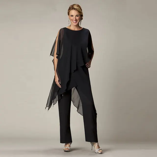 Modern Black 3 Pieces Mother Of Bride Dresses Pants Suit Short Modern Black 3 Pieces Mother Of Bride Dresses Pants Suit Short Sleeve Chiffon Jacket Evening Dress