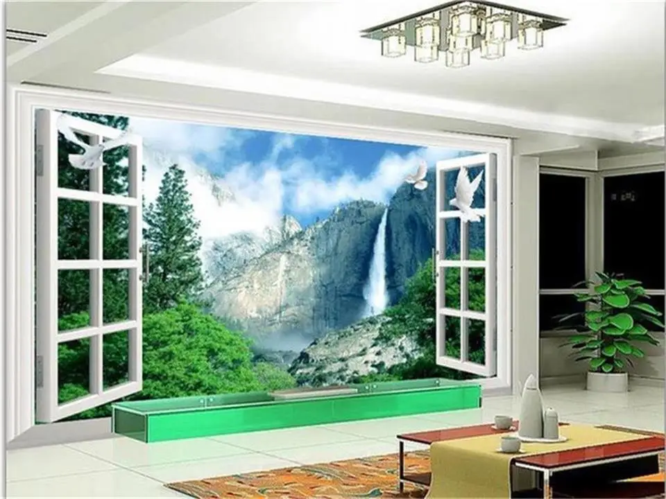 3d photo wallpaper livingroom custom mural window mountain waterfall