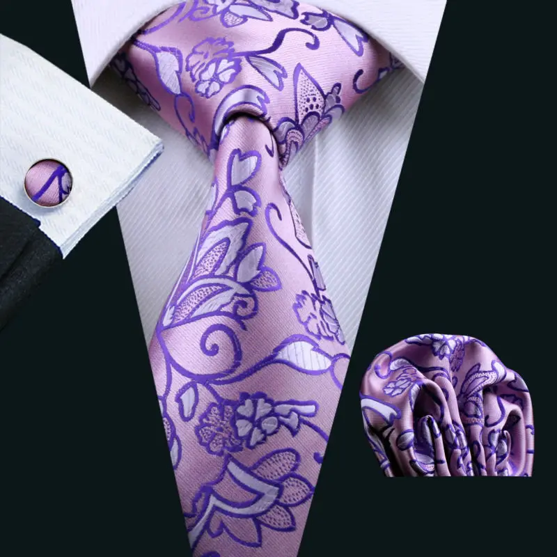 

Barry.Wang Mens Tie Purple Floral 100% Silk Fashion Gravata Necktie Hanky Cufflinks Set For Men Formal Wedding Party LS-1161