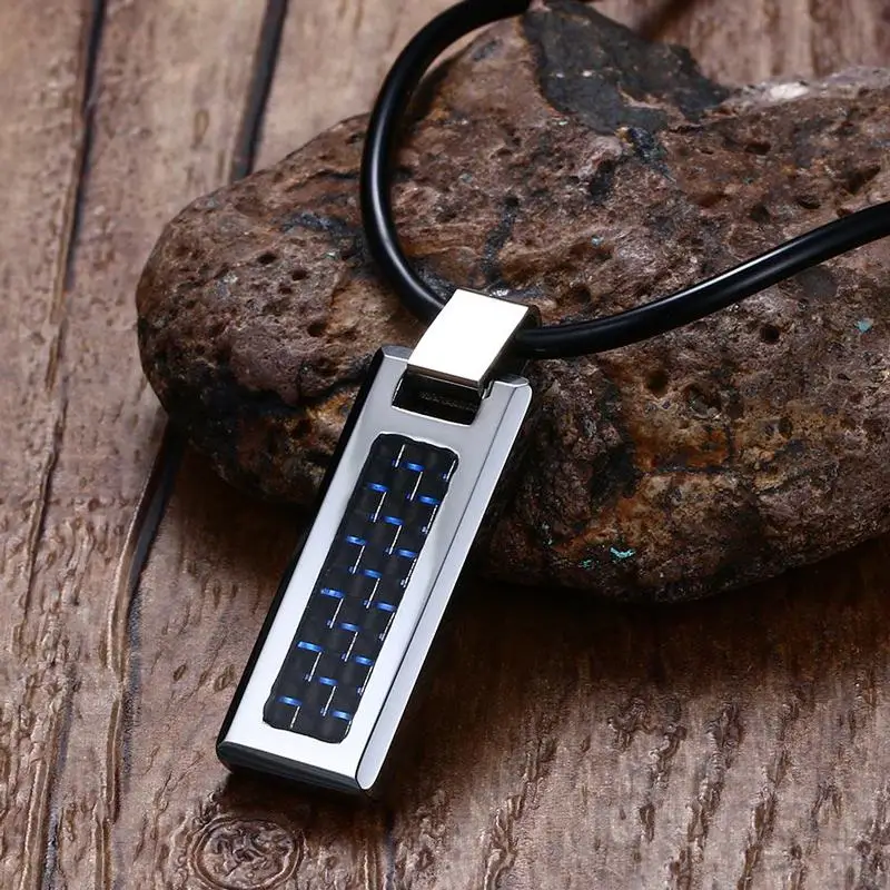 

Mens Necklaces Choker Tungsten Carbide Black and Blue Carbon Fiber Inlay Pendants Choker with Black Rubber Rope Men Jewelry