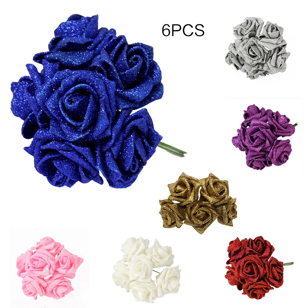 

6Pcs Glitter Shiny PE Foam Fake Artificial Rose Flower Home Wedding Party Decor