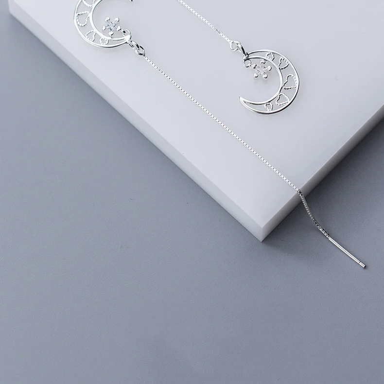 

Women's Authentic 100% 925 Sterling Silver Personality Jewelry Long Tassel Moon Star Hollow Heart Earrings Female Girl Gift