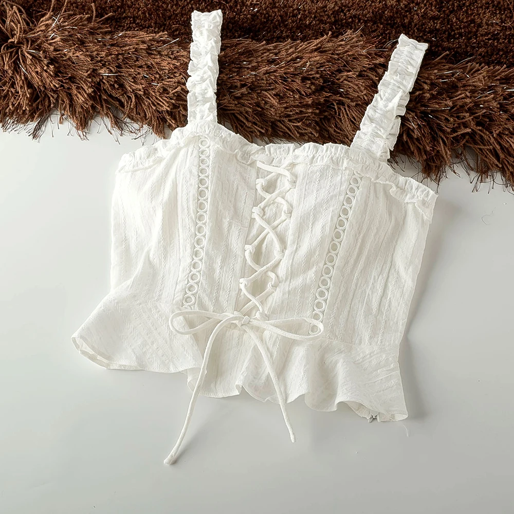 

Good Quality Short Blouse Women New Sale Strap Bandage Ruffle. Hem Sexy Cotton White Blouses Woman 2019 New Korean Gothic Blouse