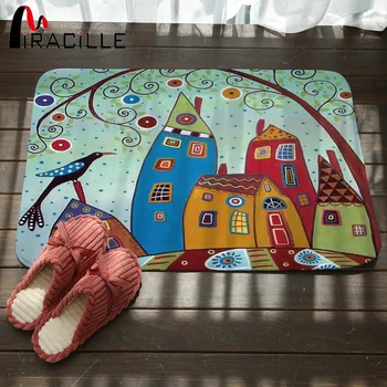 

Miracille Coral Velvet Bathroom Non Slip Rugs Abstract Building and Tree Printed Door Mats for Kitchen Stair Carpet Bath Decor