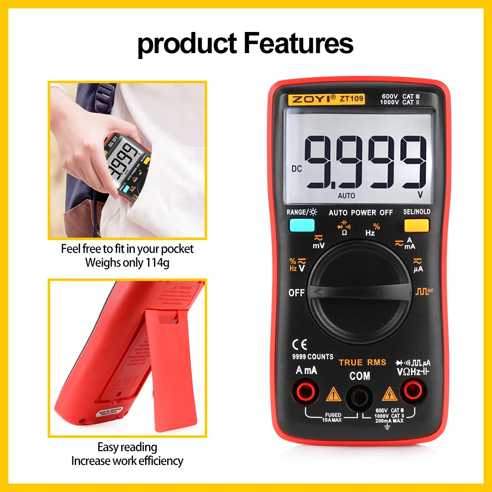 Professional Industrial Multimeter Test Capacitor Multimeter 9999 Counts Backlight LCD Display ZT109