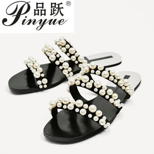 

Women Summer Beach Pearl Shoes Solid Rubber Sole Outside Slides Women Comfortable Shoes Flat String Bead New