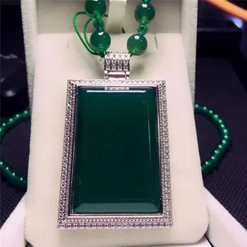 

Koraba Fine Jewelry 925 Silver Inlaid Natural Green Chalcedony Cards Pendant Necklace Sweater Chain Gifts Free Shipping