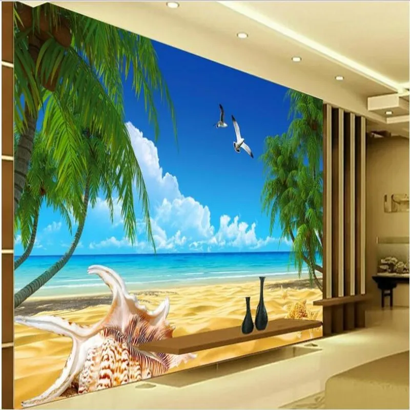 

wellyu Custom large fresco sea view conch coconut TV backdrop non - woven wallpaper papel de parede para quarto