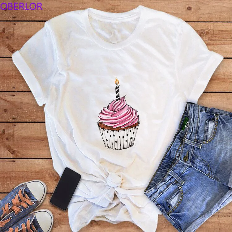 

2019 New T-shirt Women Small Birthday Cake Sweet Print White 100% Cotton Women Tshirts Summer Casual Harajuku Gift for Oneself