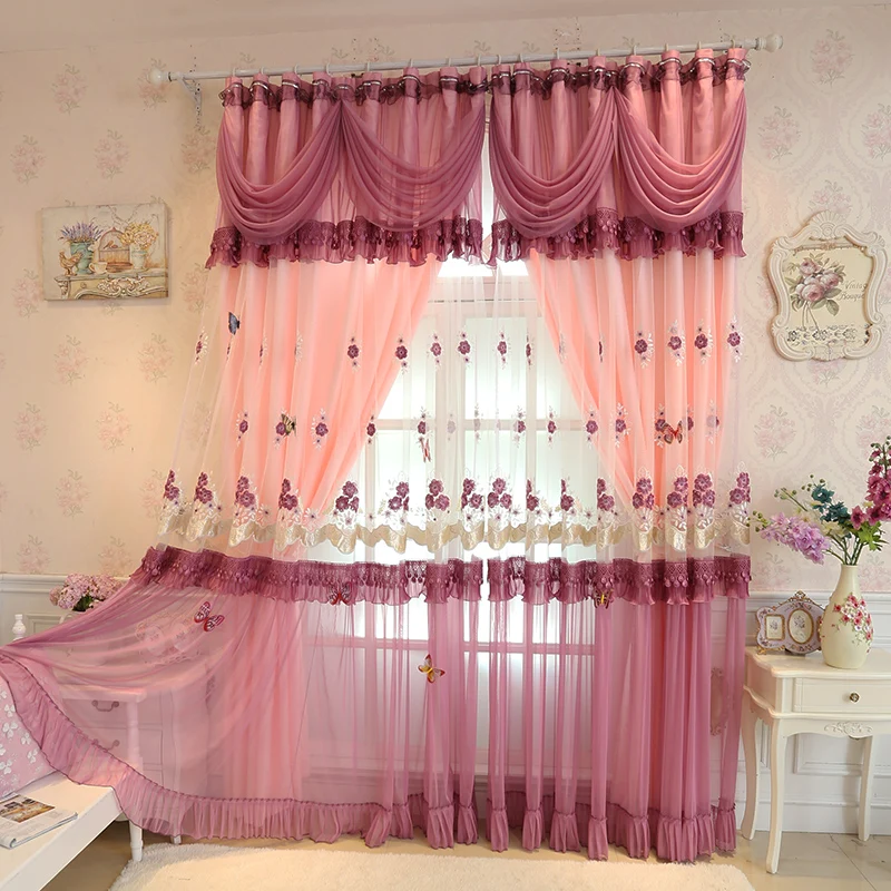 Подгонка принцесса кружева вышитые затемненные шторы розовая бабочка двойной слой тюль шторы Свадьба Curtian для гостиной