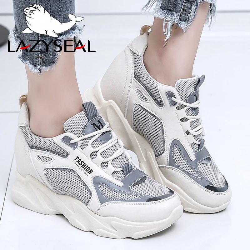

LazySeal из сетчатого материала на платформе Женские кроссовки новые увеличивающие рост ботильоны обувь для женщин, круглый носок, обувь для прогулок
