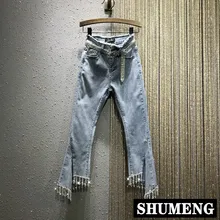 Стразы кисточкой цепочка на джинсы брюки лето новые женские Высокая талия Сплит Тонкий стрейч джинсовые штаны брюки клеш