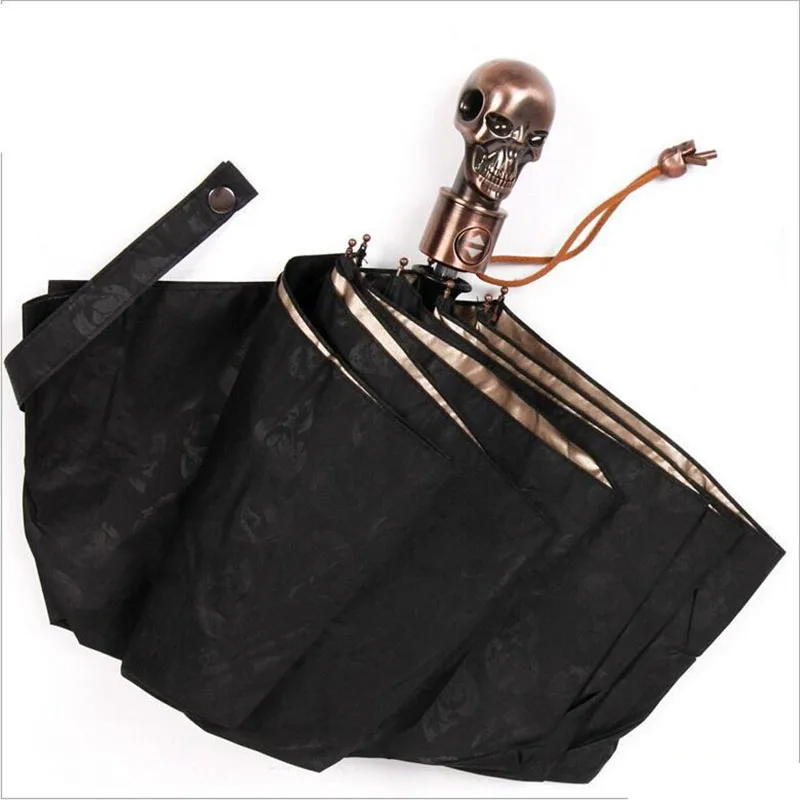 

Creative Devil Skull Handle Umbrella Fully-automaticlly Male 3 Folding UV Sun Rain Male Windproof Umbrellas Rain Gear